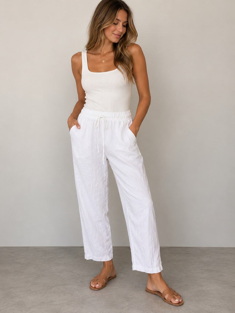 H&M White Linen Blend Pull On Ankle Pants Drawstring Relaxed Beach Pants Size S